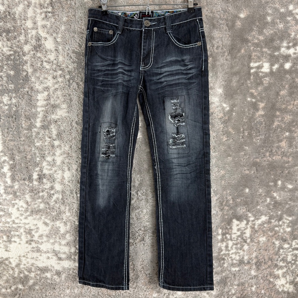 Patroncito Size 14 Distressed Contrast Stitch Straight Leg Jeans Dark Wash Boys